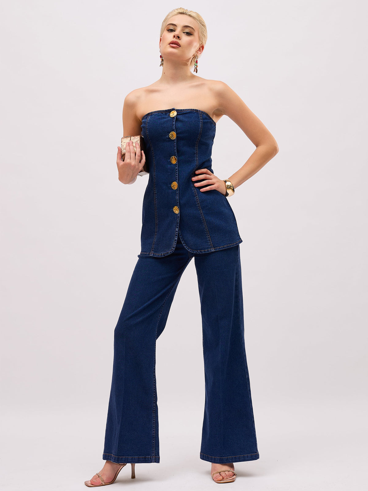 Navy Blue Denim Button Down Tube Top-SASSAFRAS