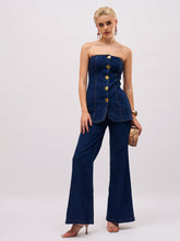 Navy Blue Denim Button Down Tube Top With Straight Fit Jeans-SASSAFRAS