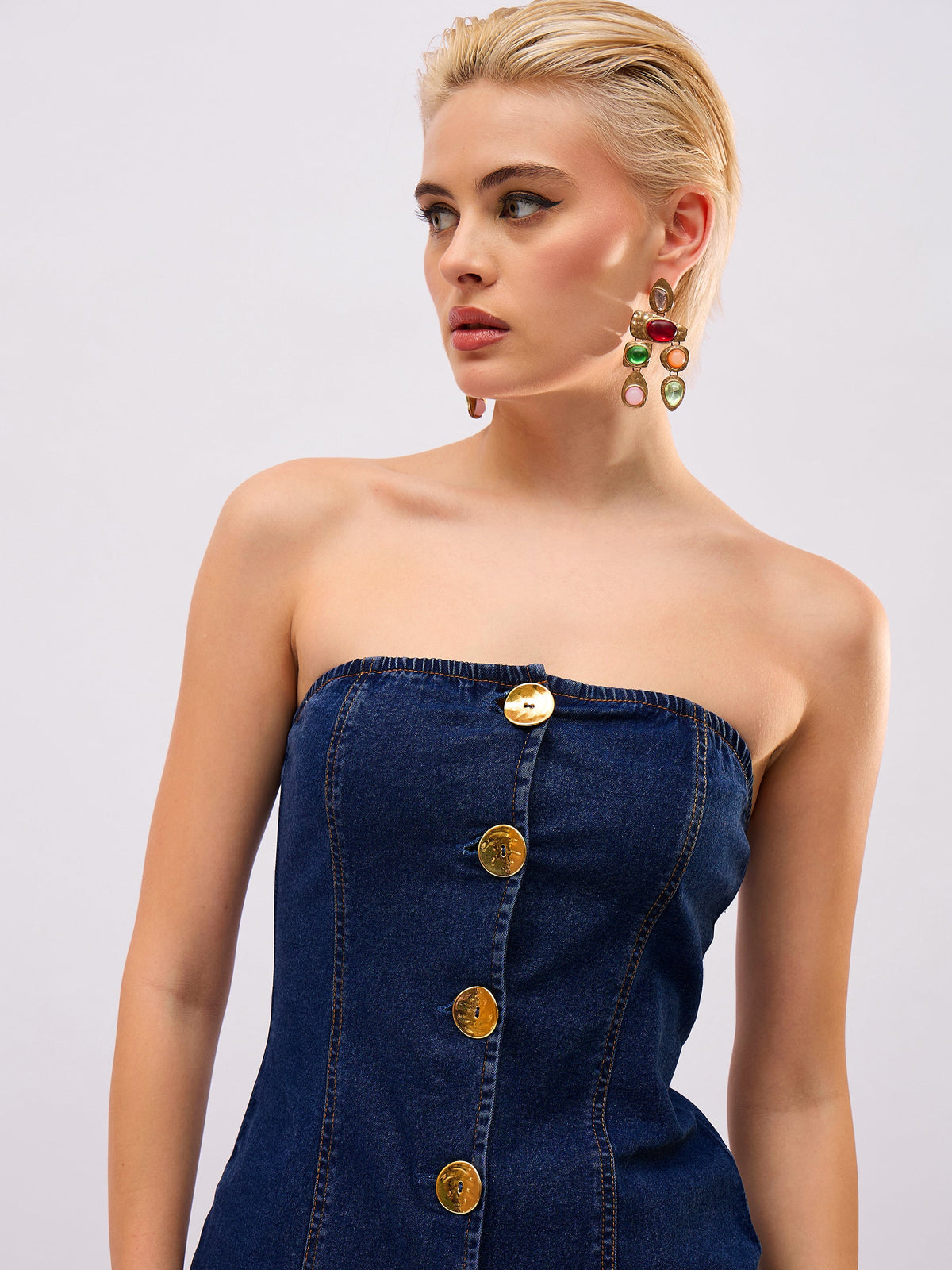 Navy Blue Denim Button Down Tube Top With Straight Fit Jeans-SASSAFRAS
