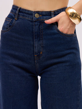 Navy Blue Denim Button Down Tube Top With Straight Fit Jeans-SASSAFRAS