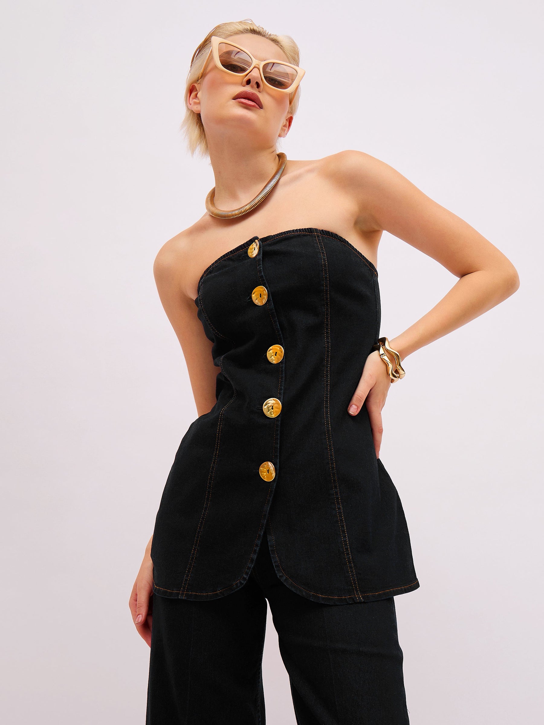 Buy Women Jet Black Denim Button Down Tube Top Online at Best Price - Sassafras Buy Women Jet Black Denim Button Down Tube Top Online at Best Price - Sassafras