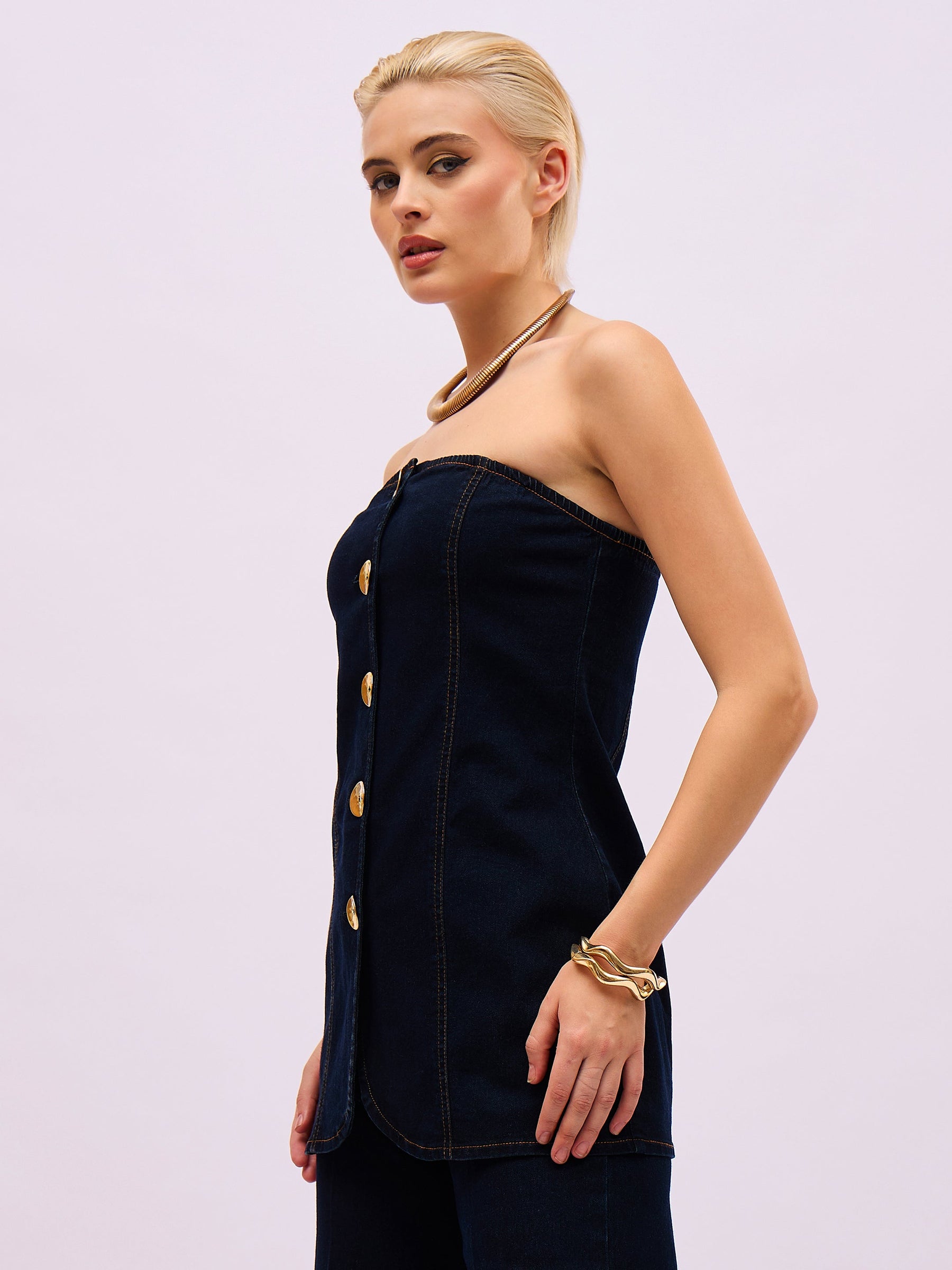 Jet Black Denim Button Down Tube Top-SASSAFRAS