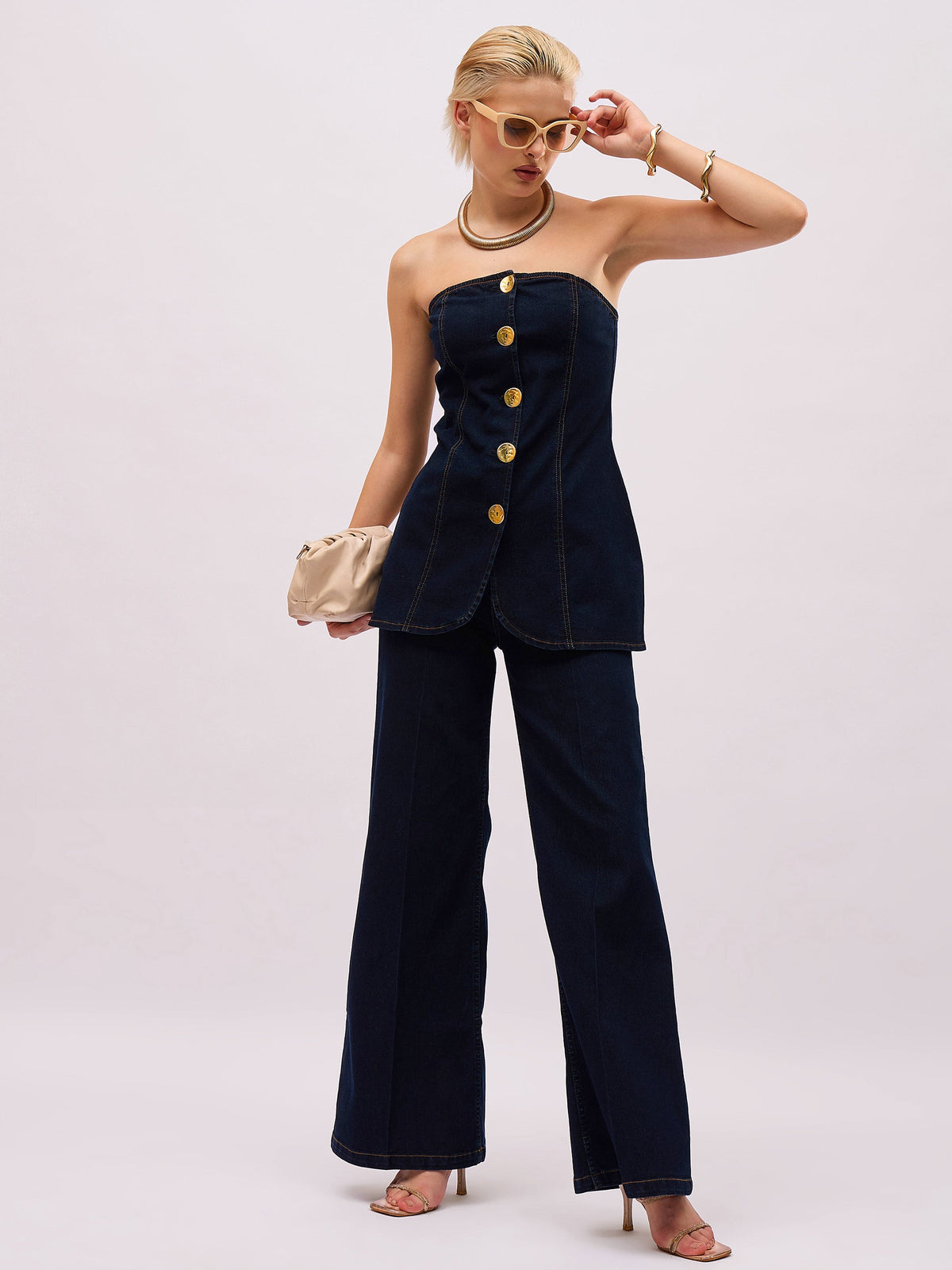 Jet Black Denim Button Down Tube Top With Straight Fit Jeans-SASSAFRAS