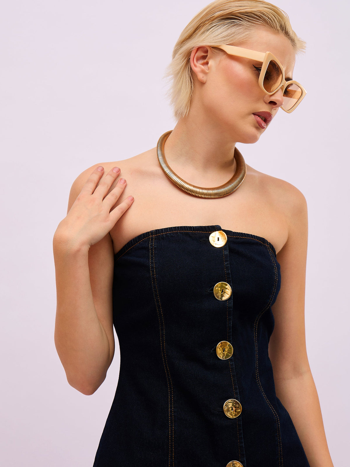 Jet Black Denim Button Down Tube Top With Straight Fit Jeans-SASSAFRAS