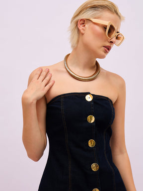 Jet Black Denim Button Down Tube Top With Straight Fit Jeans-SASSAFRAS