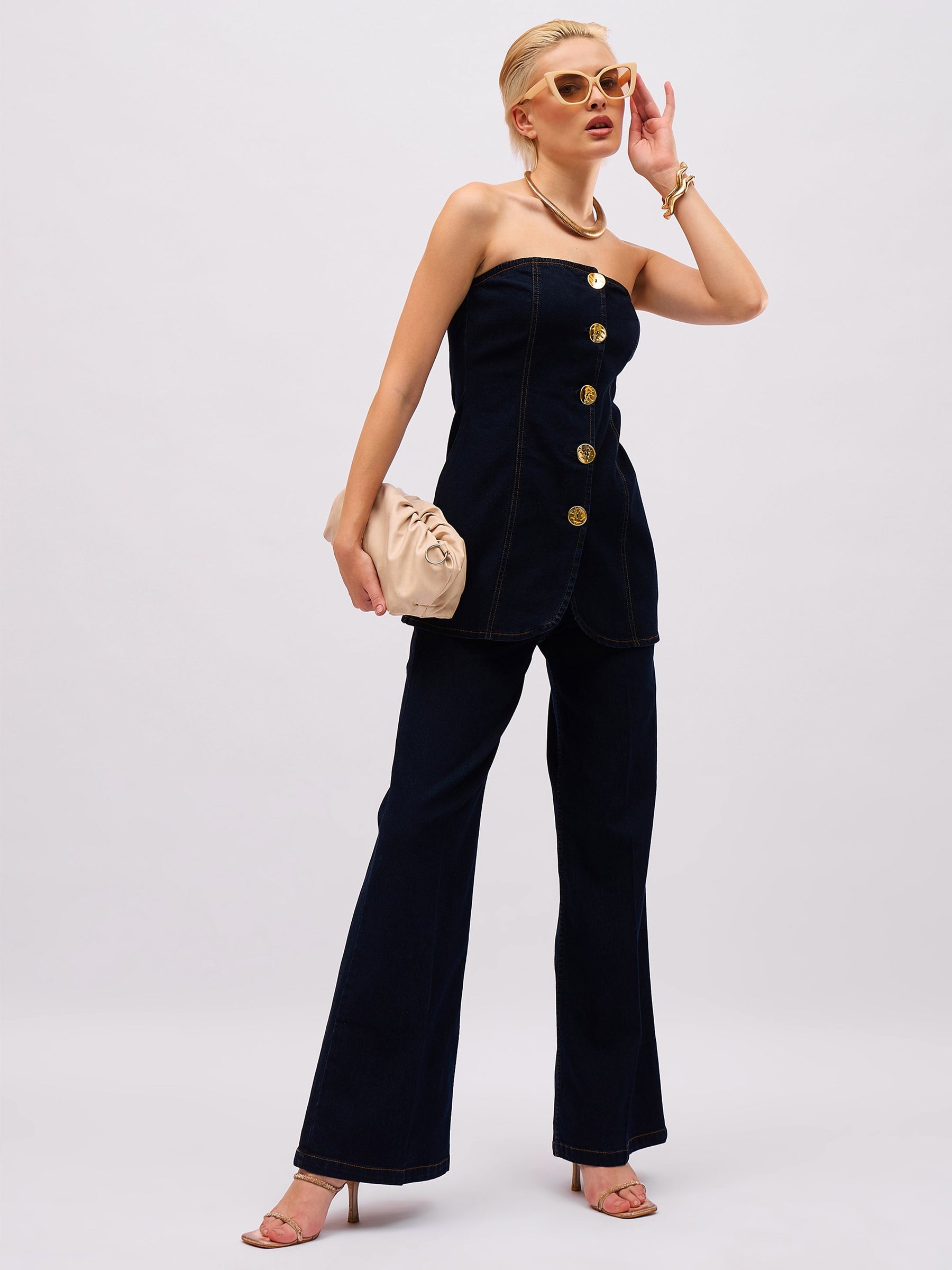 Jet Black Denim Button Down Tube Top With Straight Fit Jeans-SASSAFRAS