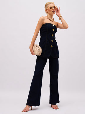 Jet Black Denim Button Down Tube Top With Straight Fit Jeans-SASSAFRAS