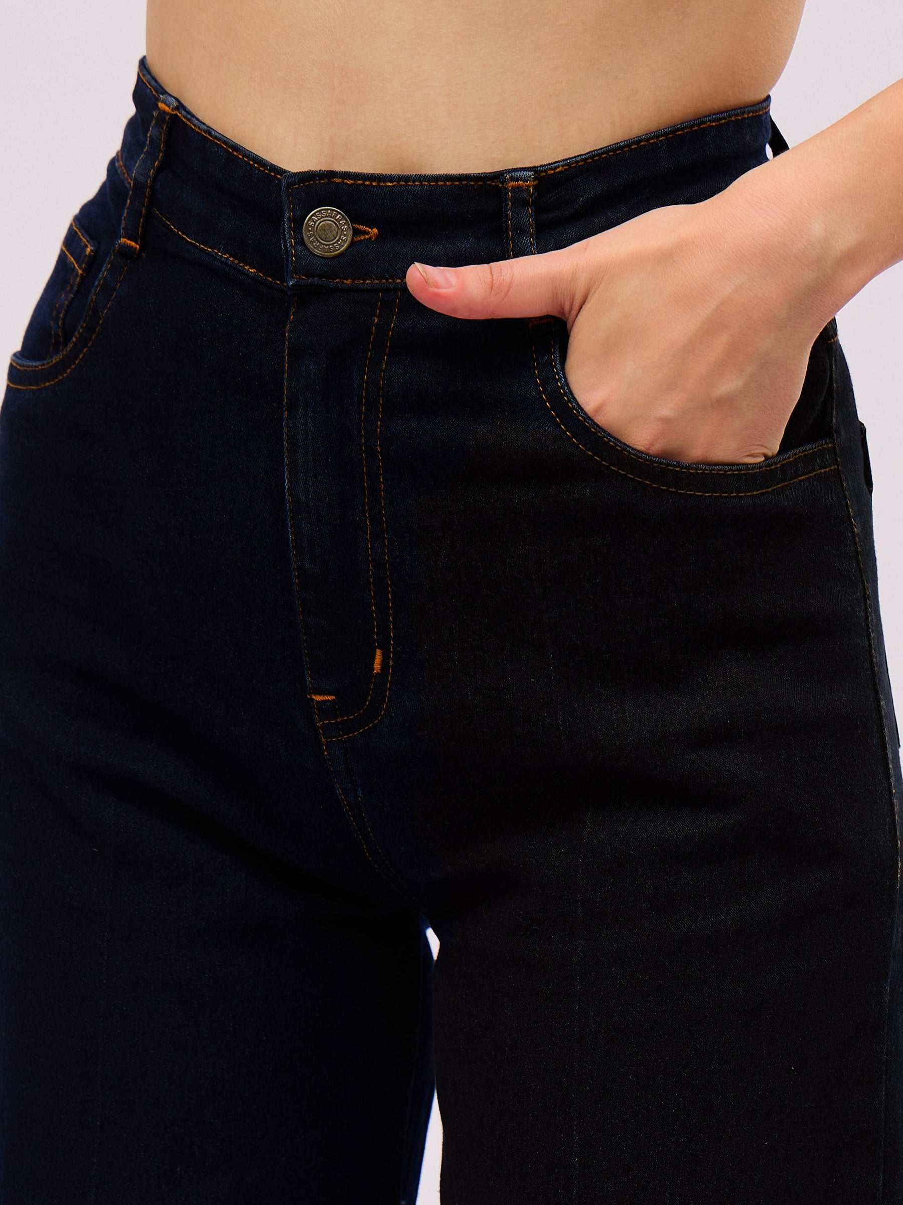 Jet Black Denim Button Down Tube Top With Straight Fit Jeans-SASSAFRAS