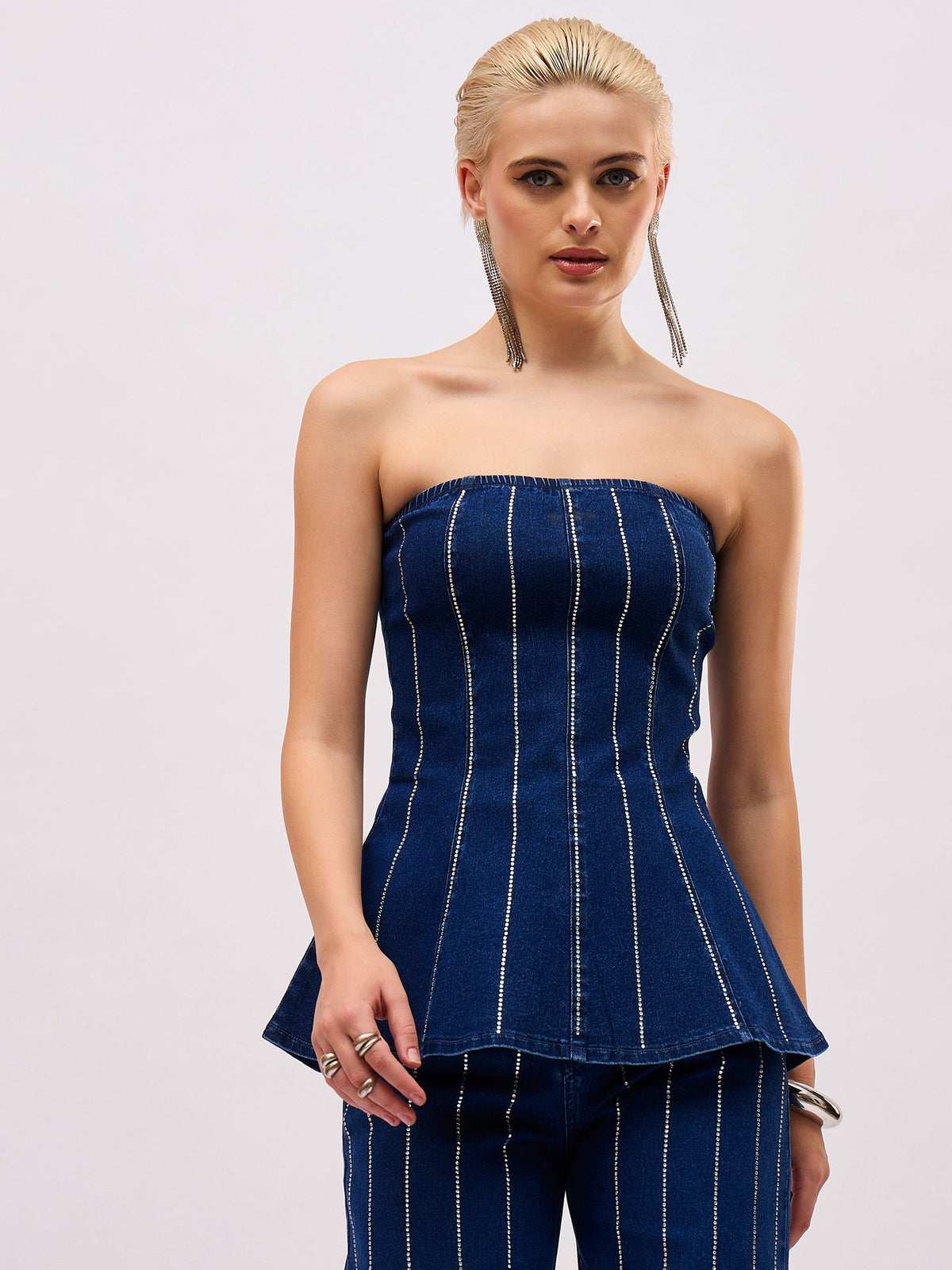 Navy Blue Front Stud Paplum Tube Top-SASSAFRAS