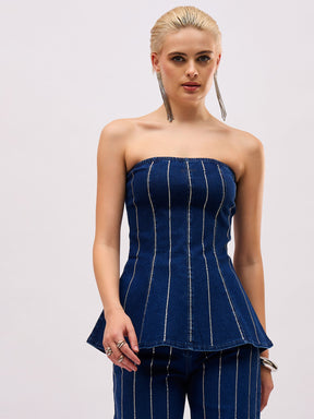 Navy Blue Front Stud Paplum Tube Top-SASSAFRAS