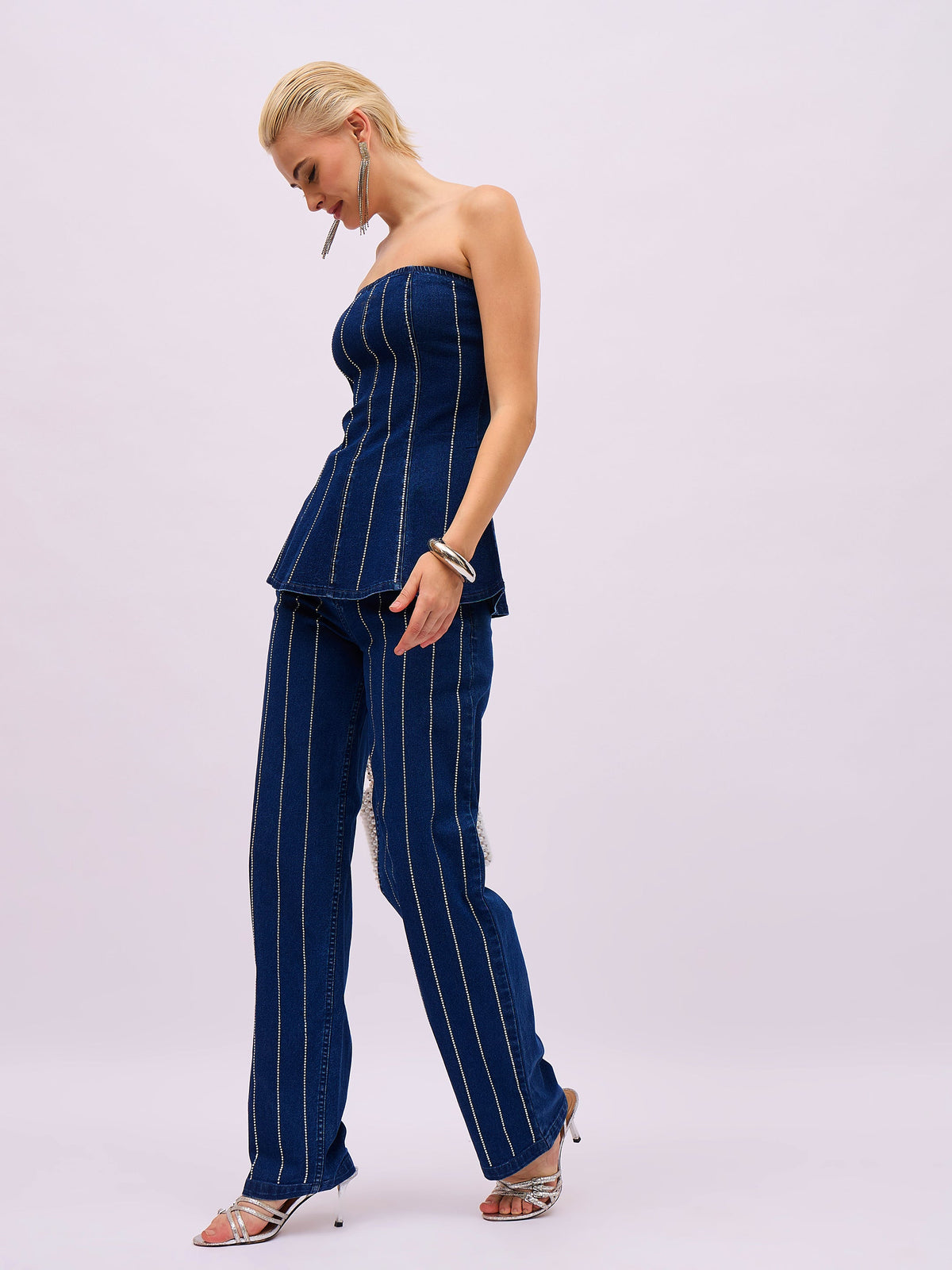 Navy Blue Front Stud Paplum Tube Top-SASSAFRAS