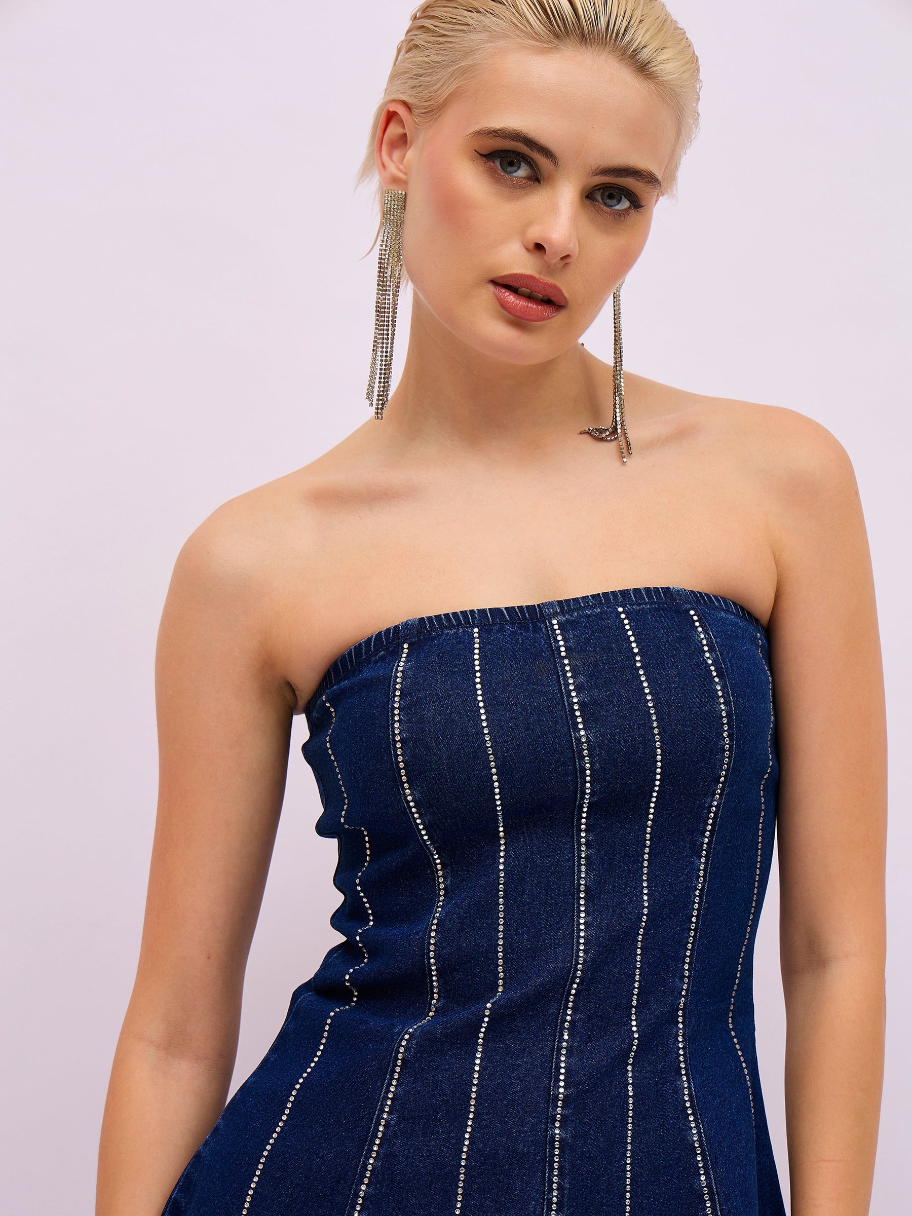 Navy Blue Front Stud Paplum Tube Top-SASSAFRAS