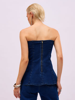 Navy Blue Front Stud Paplum Tube Top-SASSAFRAS