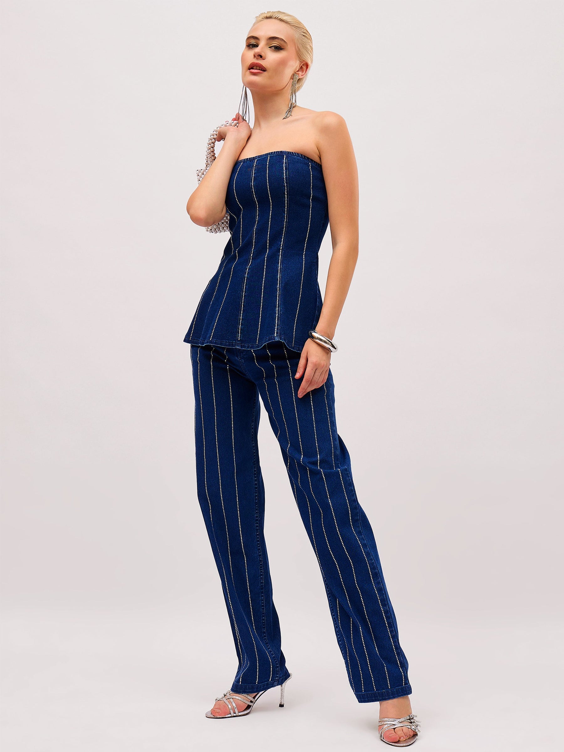 Navy Blue Front Stud Peplum Tube Top With Straight Jeans-SASSAFRAS