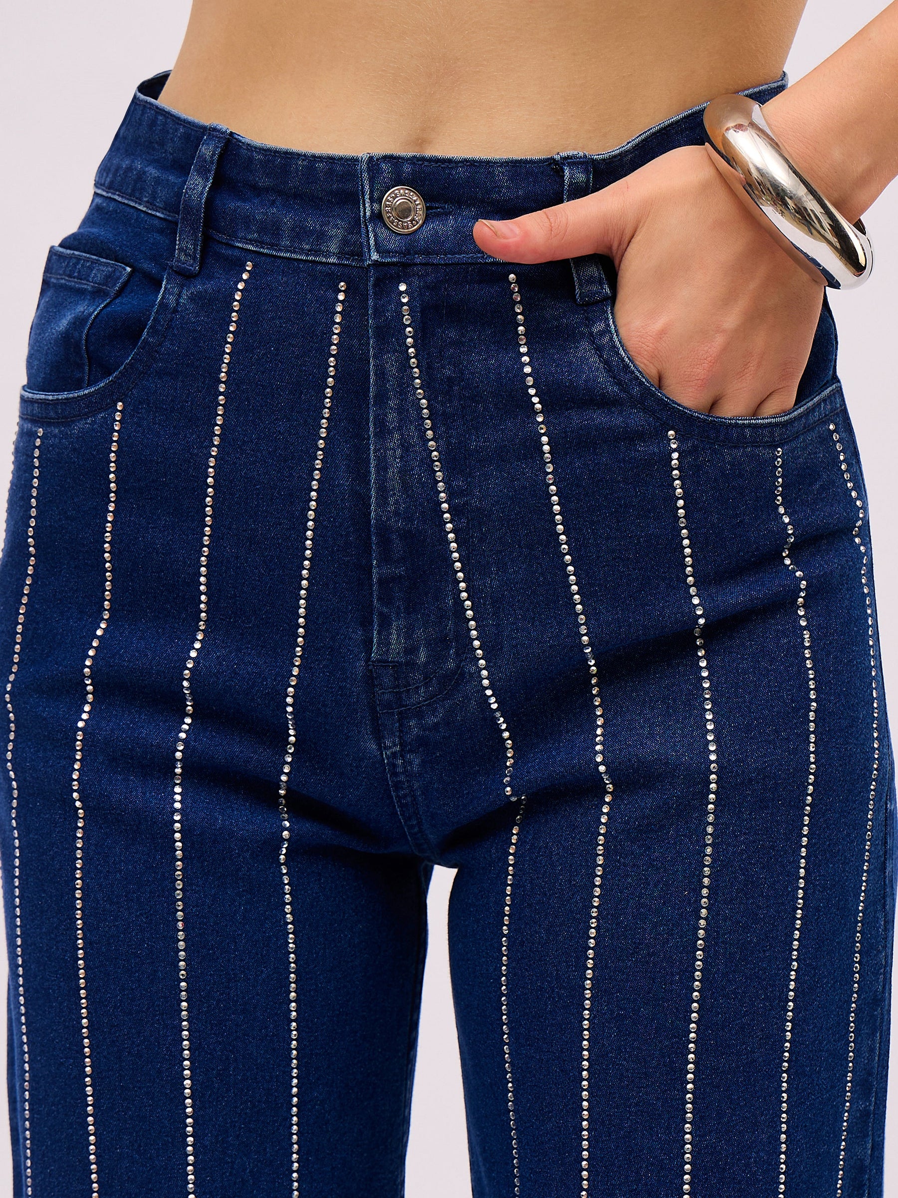 Navy Blue Front Stud Peplum Tube Top With Straight Jeans-SASSAFRAS