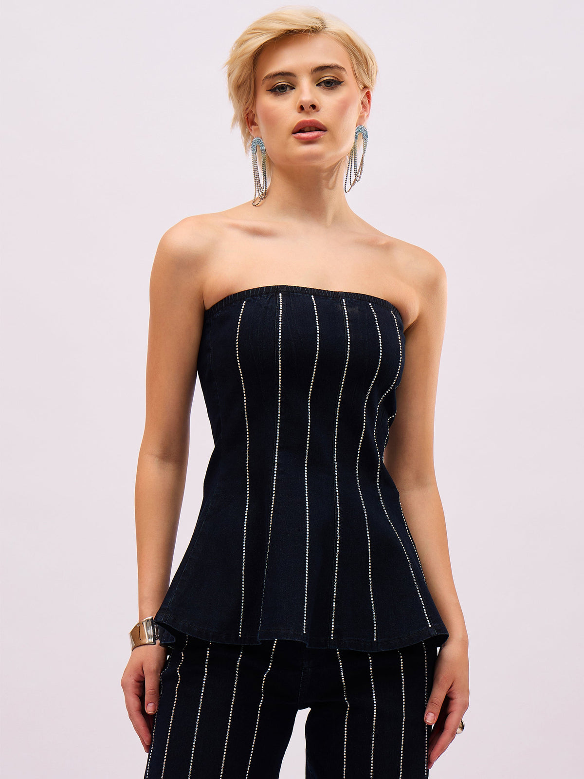 Jet Black Front Stud Paplum Tube Top-SASSAFRAS