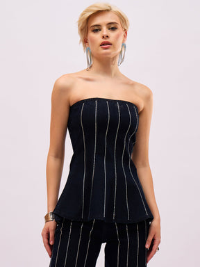 Jet Black Front Stud Paplum Tube Top-SASSAFRAS