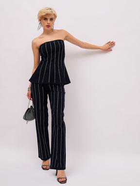 Jet Black Front Stud Peplum Tube Top With Straight Jeans-SASSAFRAS