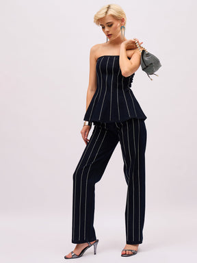Jet Black Front Stud Peplum Tube Top With Straight Jeans-SASSAFRAS