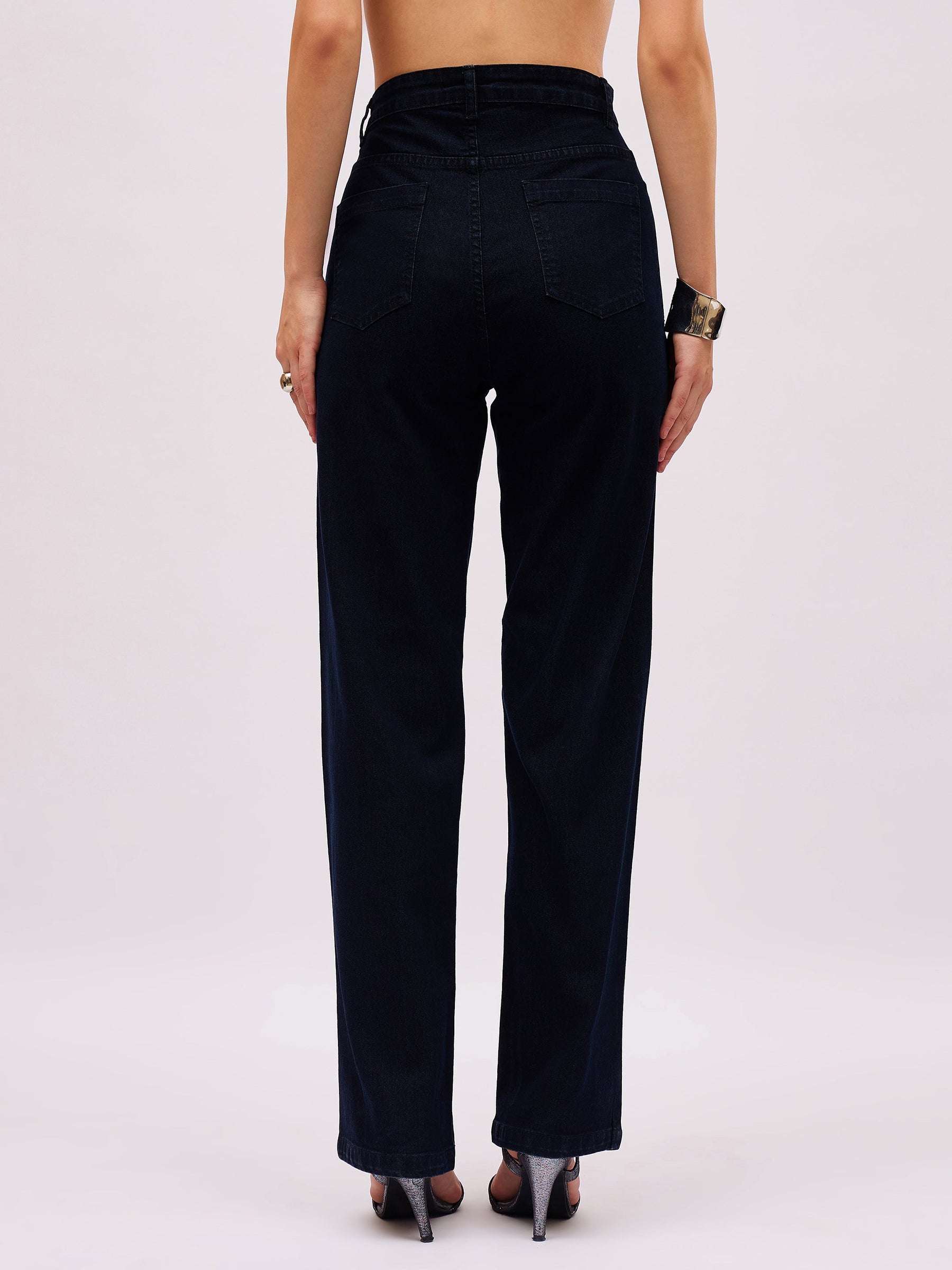 Jet Black Front Stud Peplum Tube Top With Straight Jeans-SASSAFRAS