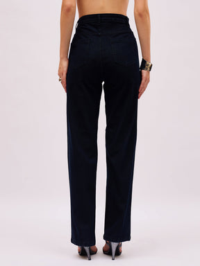Jet Black Front Stud Peplum Tube Top With Straight Jeans-SASSAFRAS