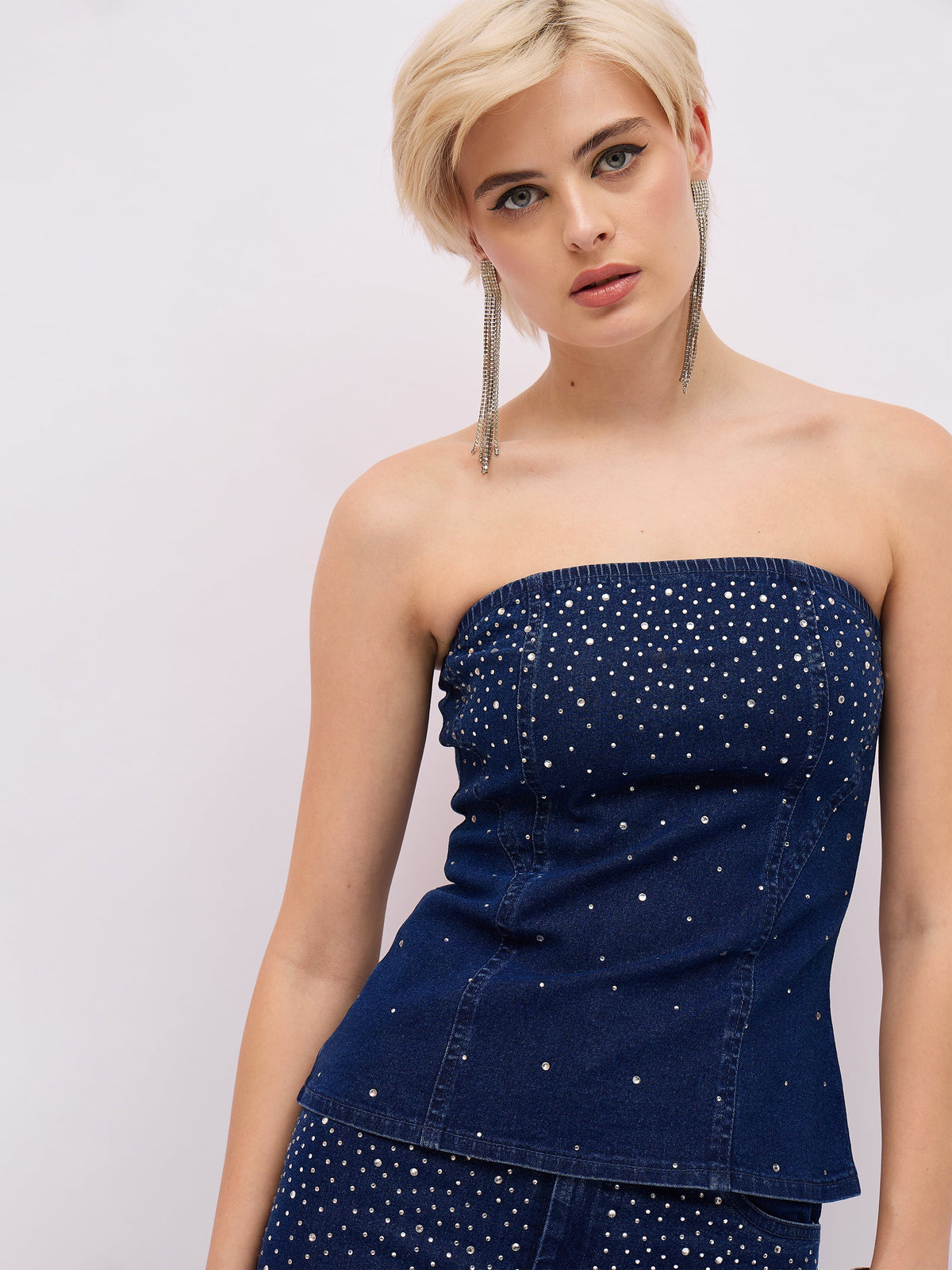 Blue Washed Front Stud Work Detail Tube Top-SASSAFRAS