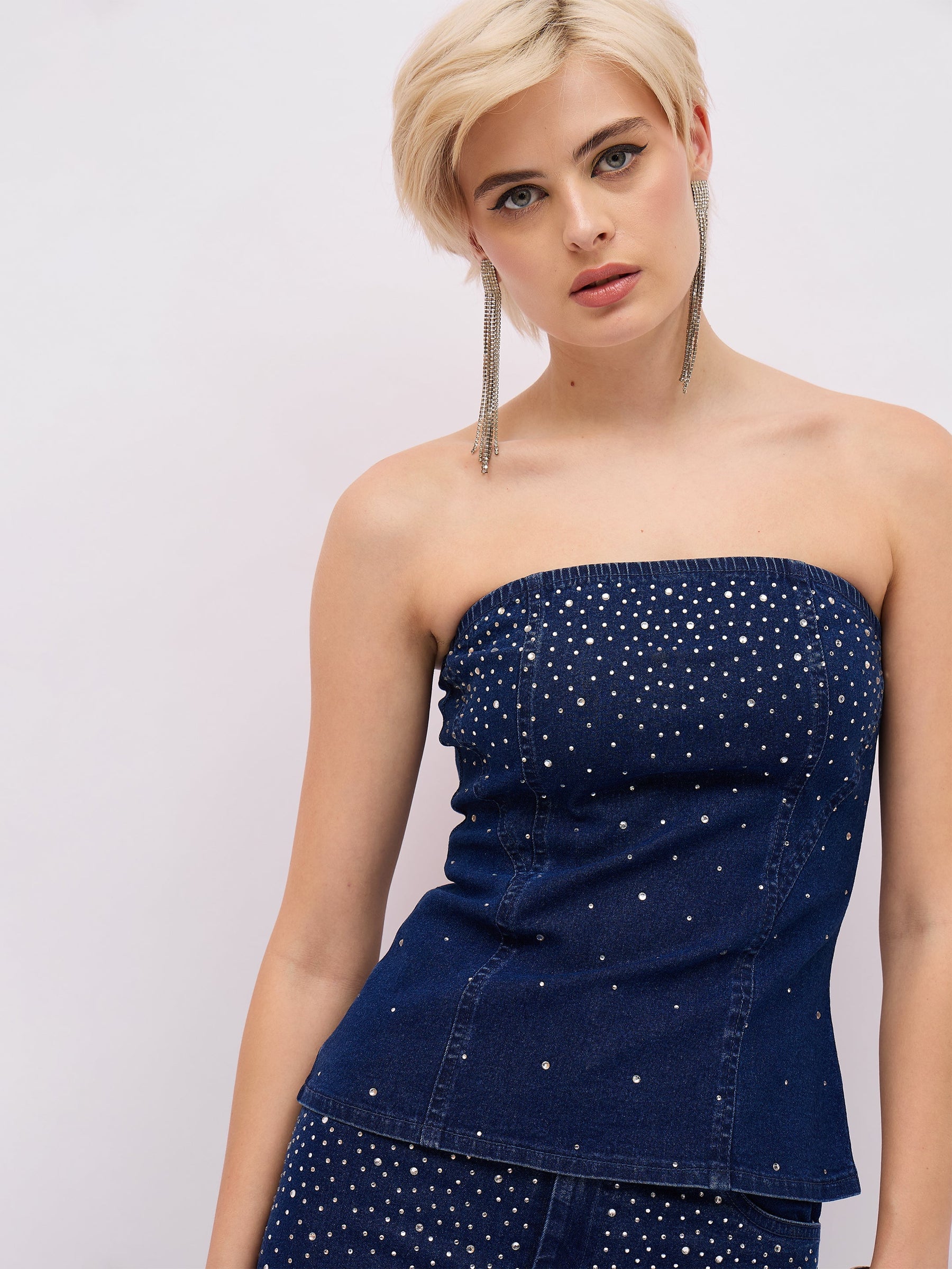 Blue Washed Front Stud Work Detail Tube Top-SASSAFRAS