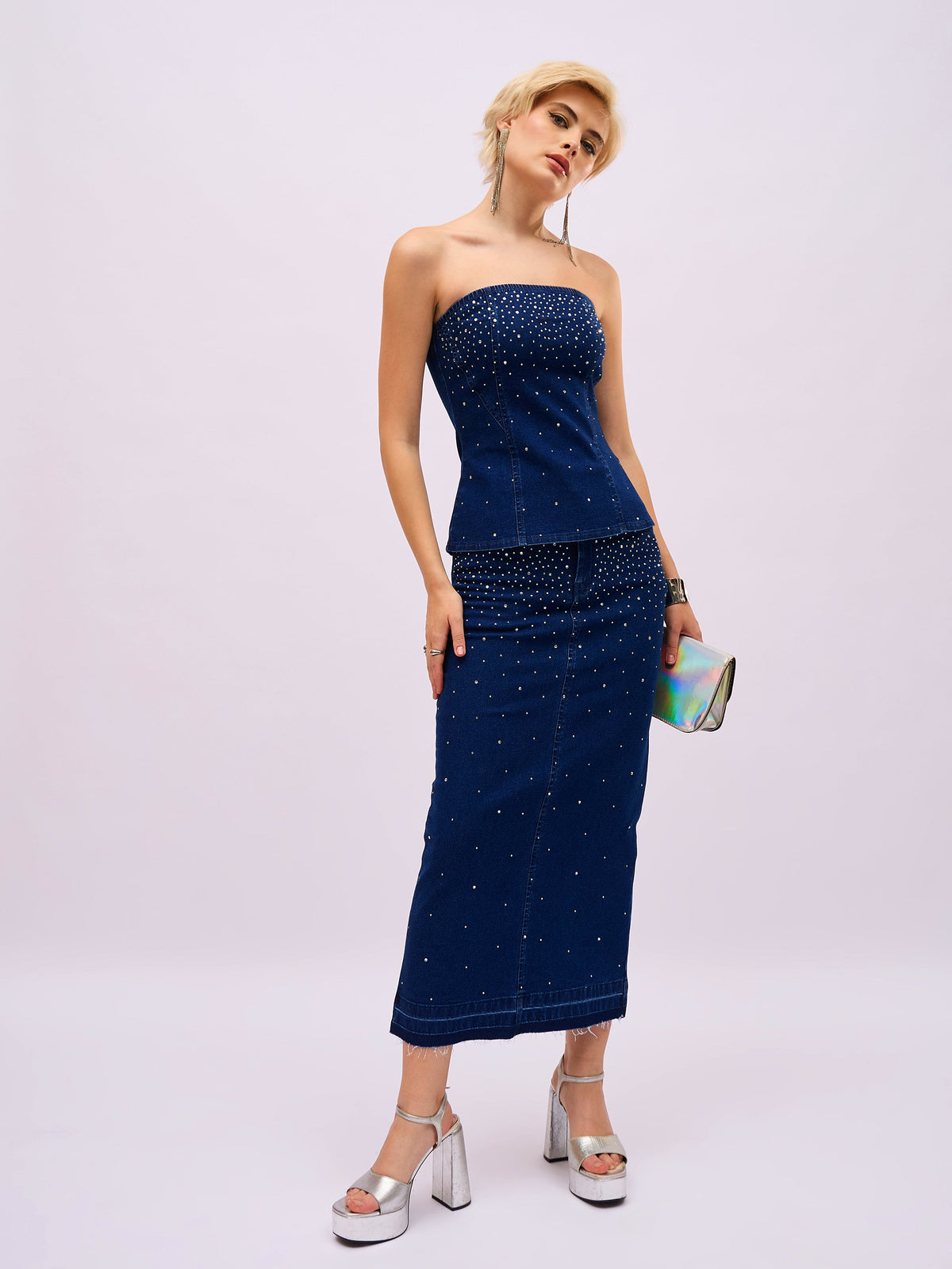 Blue Washed Front Stud Work Detail Tube Top-SASSAFRAS