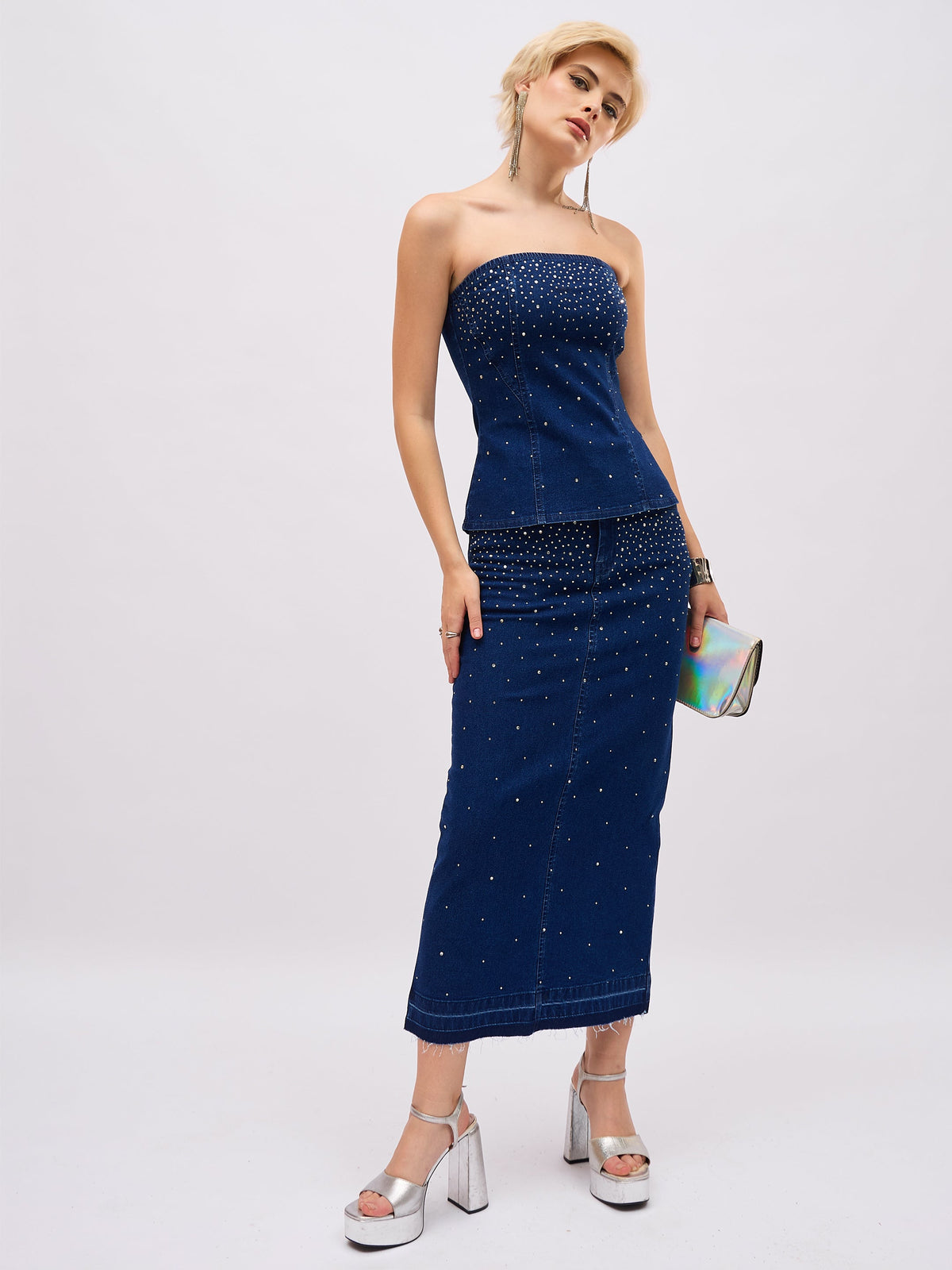Blue Washed Front Stud Work Detail Tube Top With Skirt-SASSAFRAS