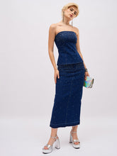 Blue Washed Front Stud Work Detail Tube Top With Skirt-SASSAFRAS