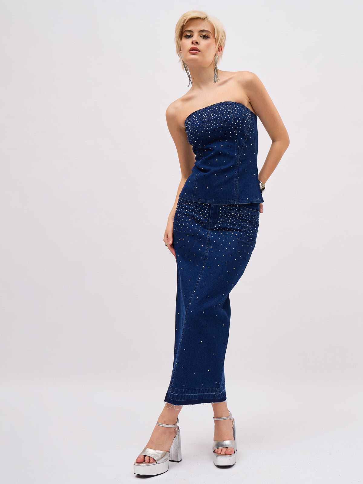 Blue Washed Front Stud Work Detail Tube Top With Skirt-SASSAFRAS