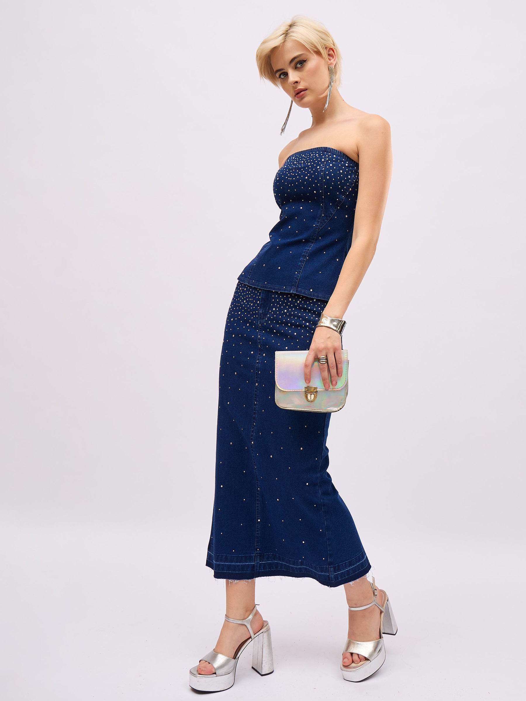 Blue Washed Front Stud Work Detail Tube Top With Skirt-SASSAFRAS
