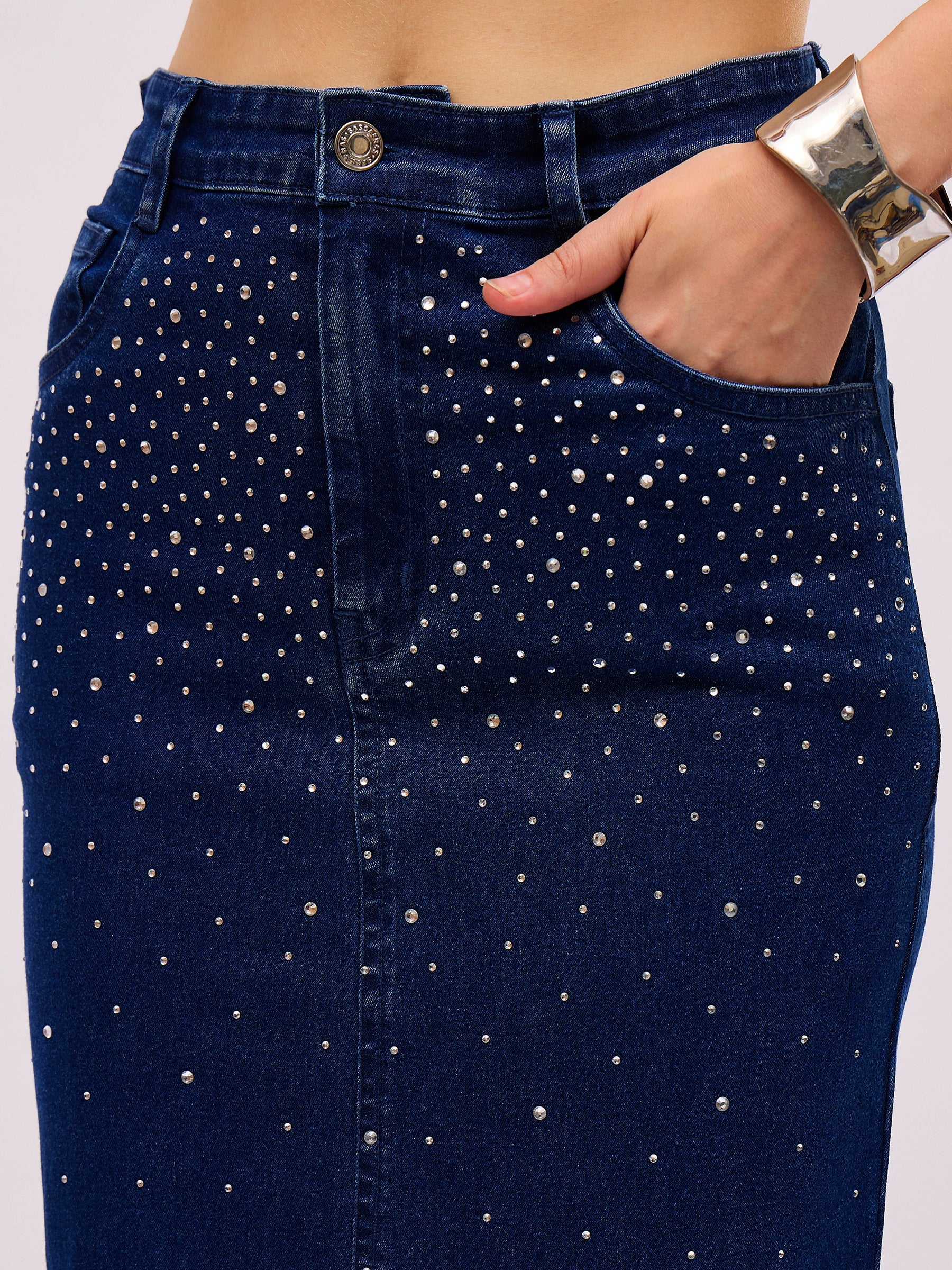 Blue Washed Front Stud Work Detail Tube Top With Skirt-SASSAFRAS