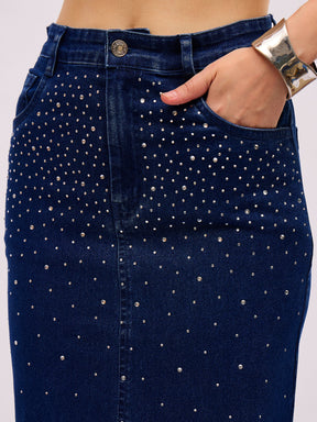 Blue Washed Front Stud Work Detail Tube Top With Skirt-SASSAFRAS
