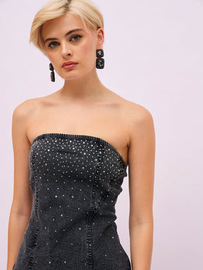 Black Washed Front Stud Work Detail Tube Top-SASSAFRAS