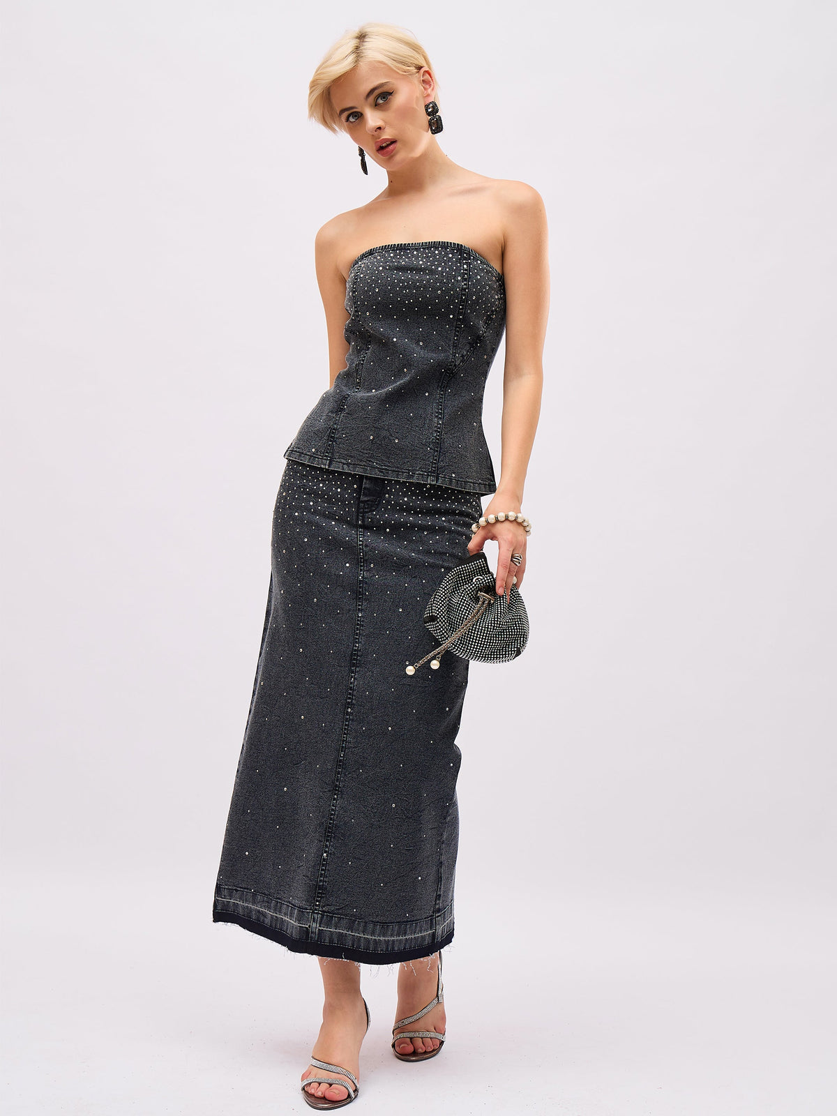 Black Washed Front Stud Work Detail Tube Top With Skirt-SASSAFRAS