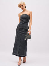 Black Washed Front Stud Work Detail Tube Top With Skirt-SASSAFRAS