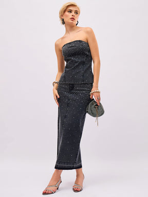 Black Washed Front Stud Work Detail Tube Top With Skirt-SASSAFRAS