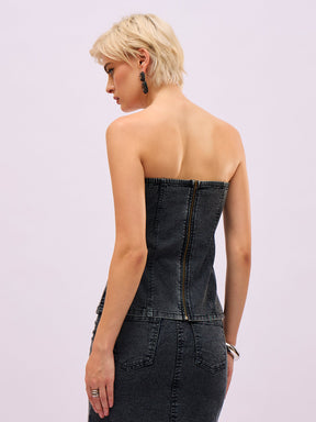 Black Washed Front Stud Work Detail Tube Top With Skirt-SASSAFRAS