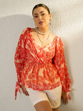 Orange Floral Sweetheart Neck Smocked Top-SASSAFRAS