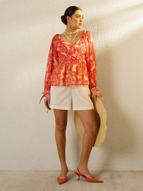 Orange Floral Sweetheart Neck Smocked Top-SASSAFRAS