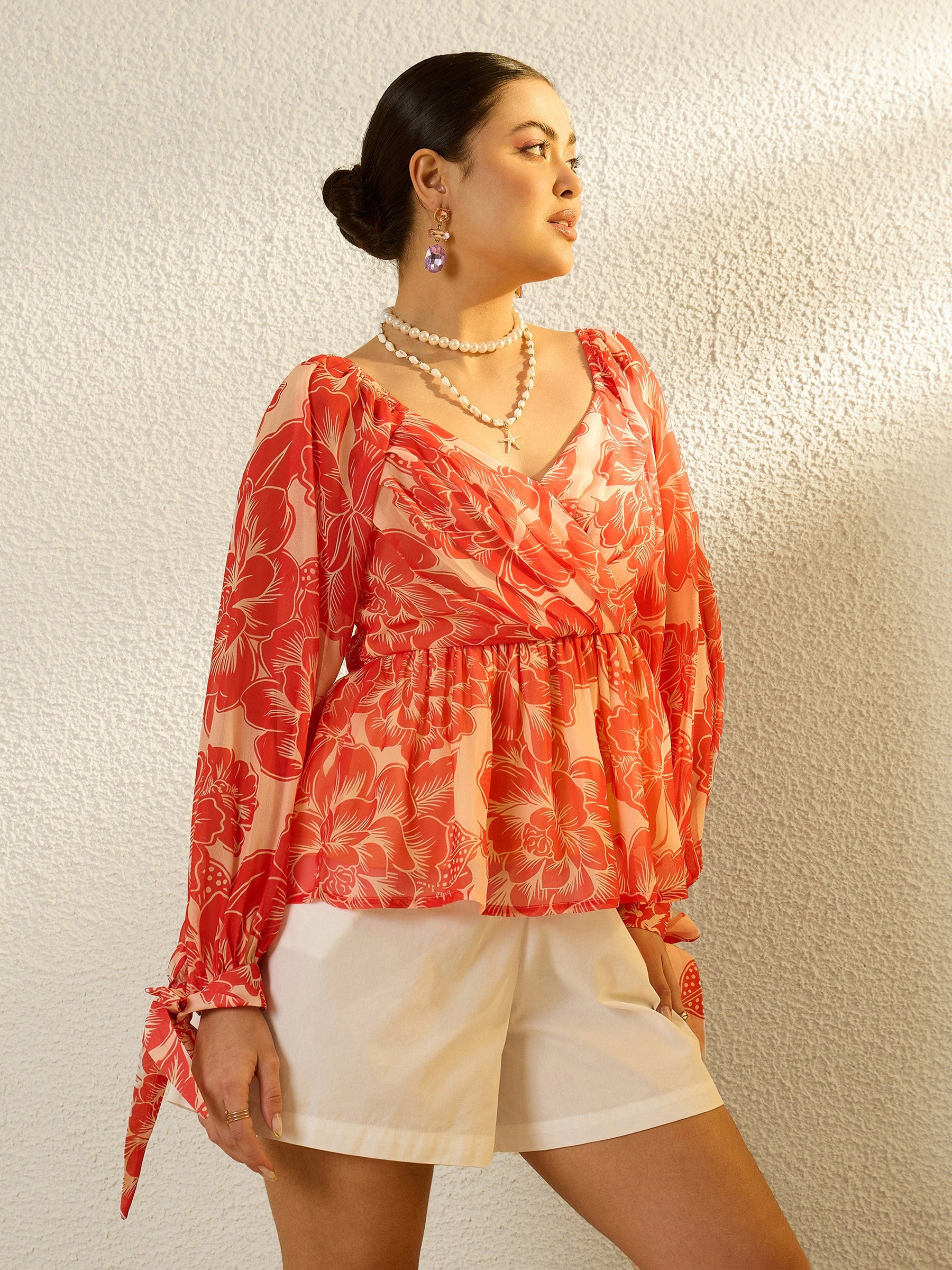 Orange Floral Sweetheart Neck Smocked Top-SASSAFRAS