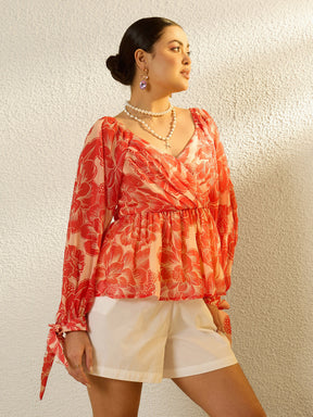 Orange Floral Sweetheart Neck Smocked Top-SASSAFRAS