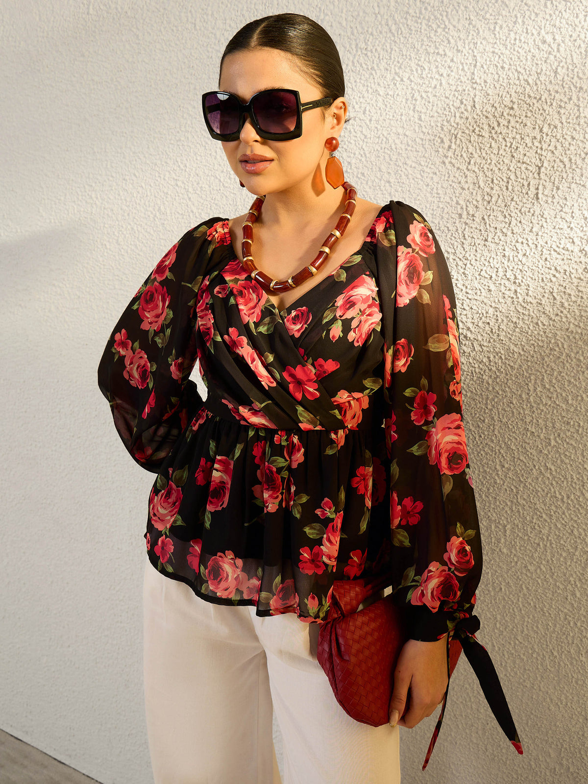 Black Floral Sweetheart Neck Smocked Top-SASSAFRAS