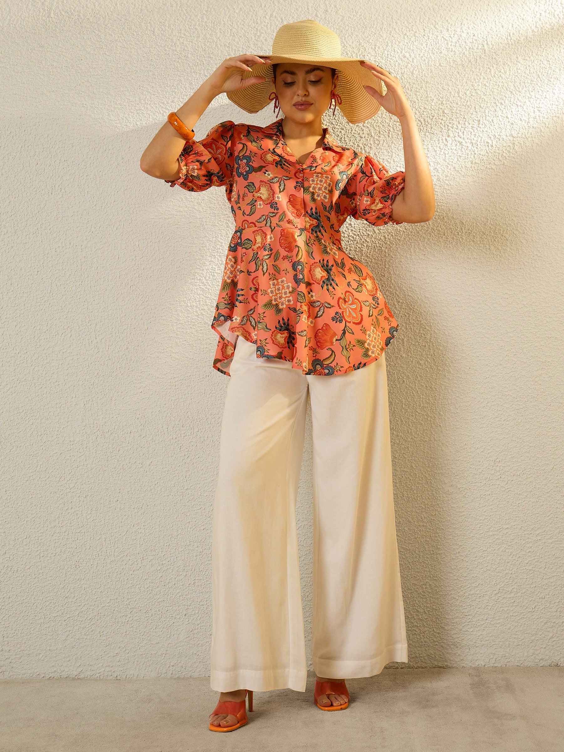 Orange Floral Asymmetric Hem Peplum Top-SASSAFRAS