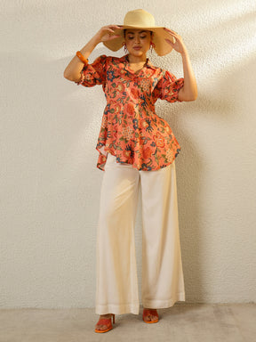 Orange Floral Asymmetric Hem Peplum Top-SASSAFRAS