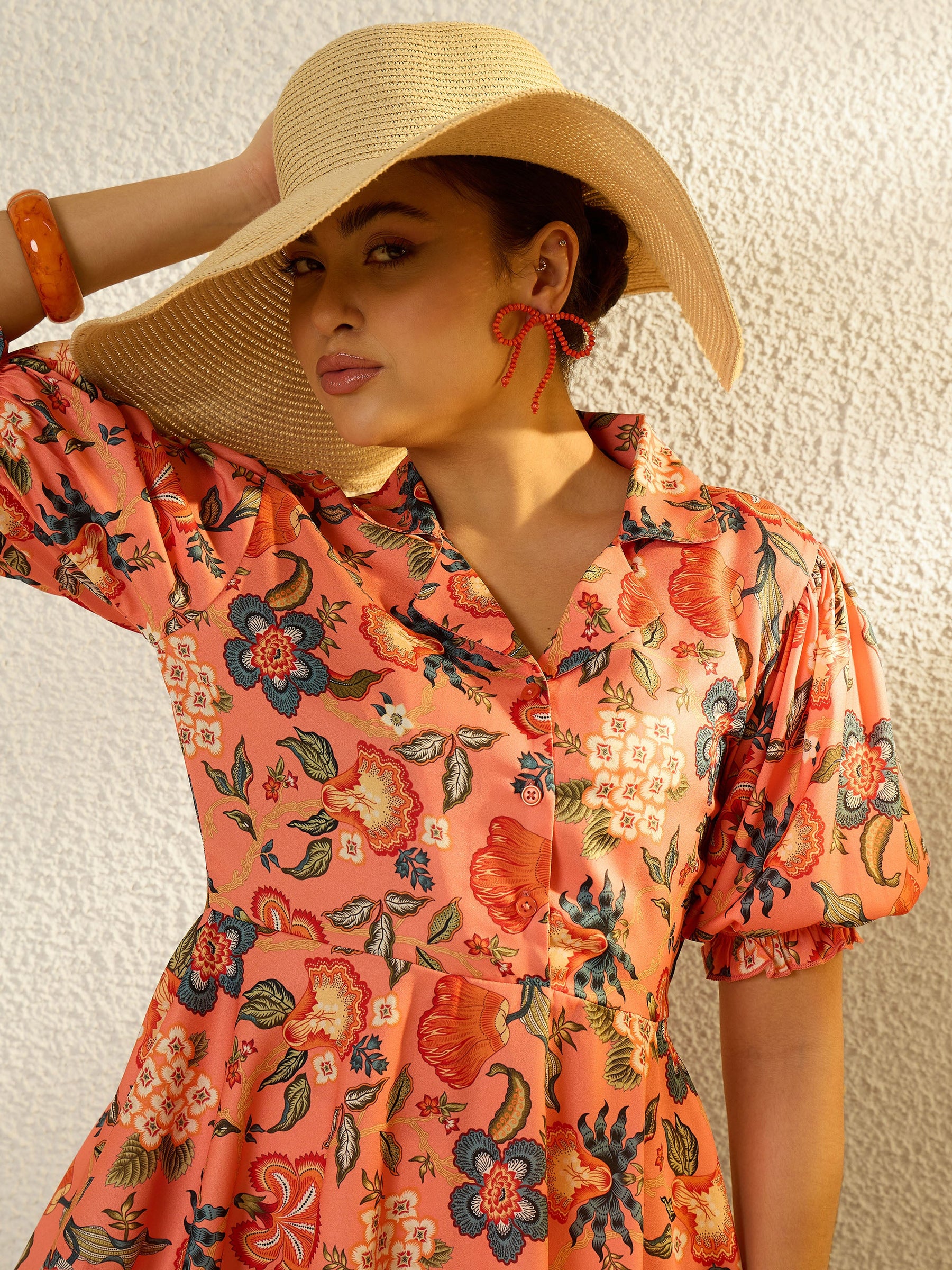 Orange Floral Asymmetric Hem Peplum Top-SASSAFRAS