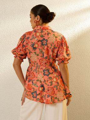 Orange Floral Asymmetric Hem Peplum Top-SASSAFRAS