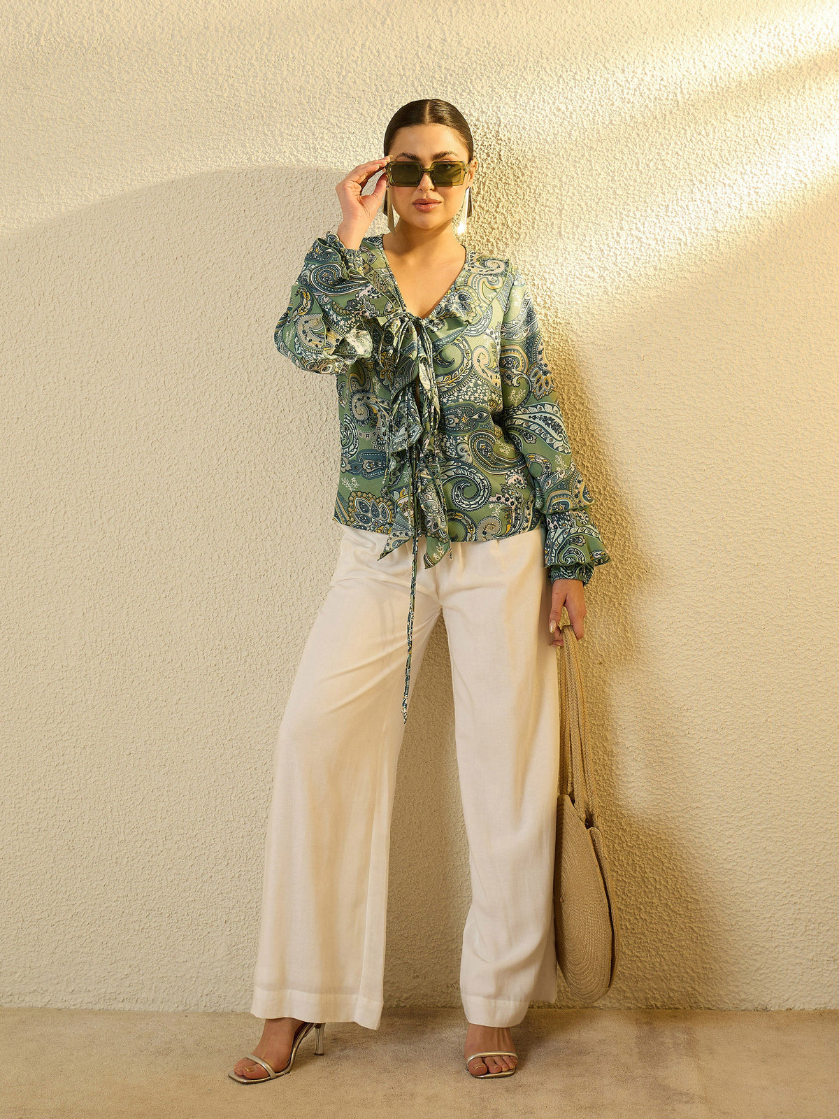 Green Paisley Ruffle Regular Top-SASSAFRAS