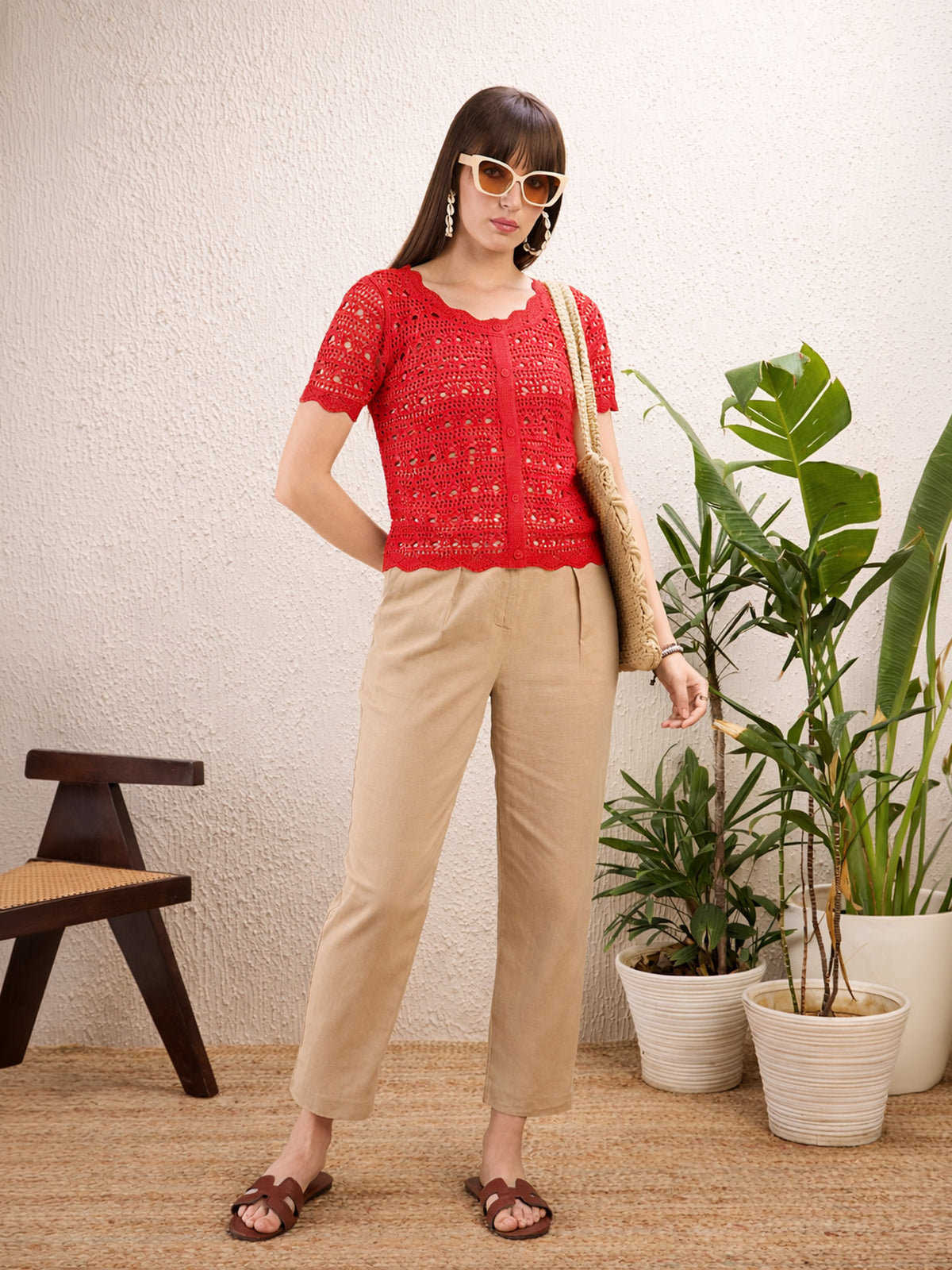 Red Round Neck Crochet Top-SASSAFRAS